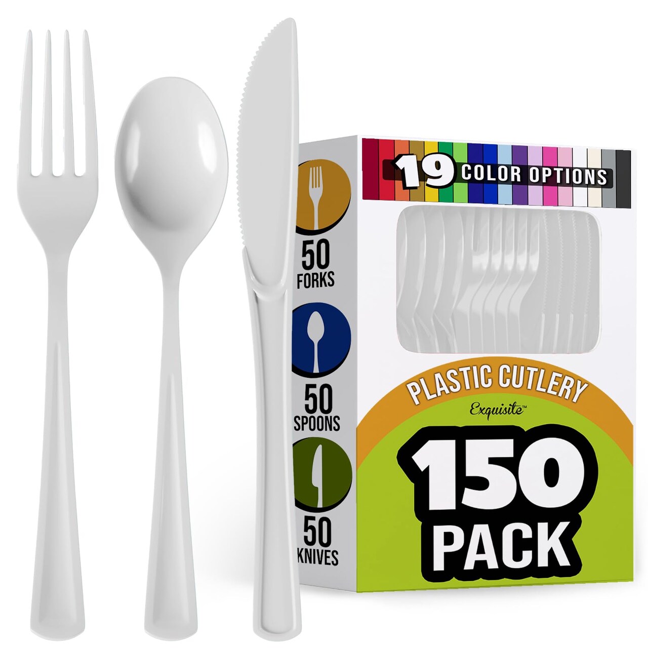 Exquisite Polished Plastic Silverware – 150 Pcs Heavy Duty Cutlery Set – 50 Each of Forks, Knives & Spoons – Disposable Utensil Set for Parties, Events & Catering – Flatware Set by Party Solids